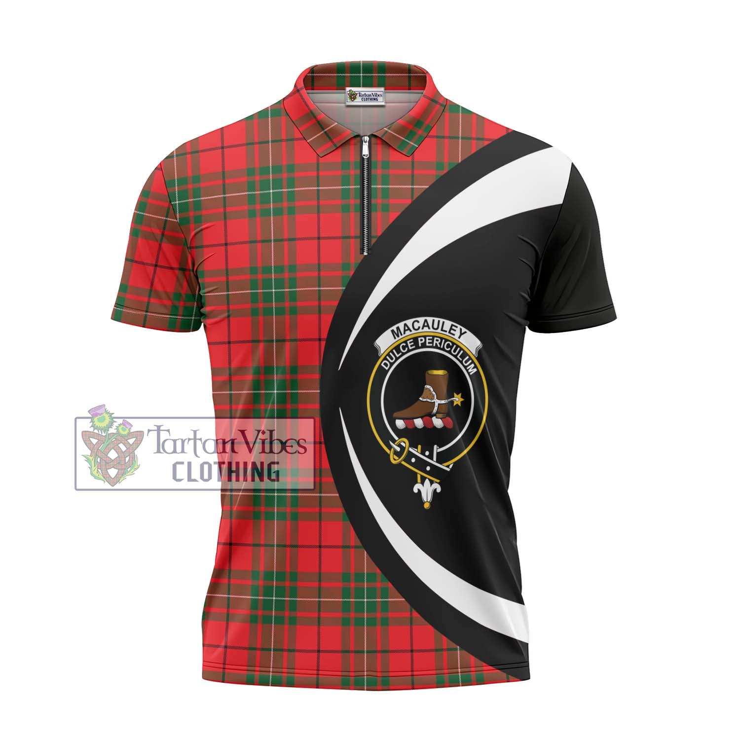 MacAuley Modern Tartan Zipper Polo Shirt with Family Crest Circle Style - Tartan Vibes Clothing