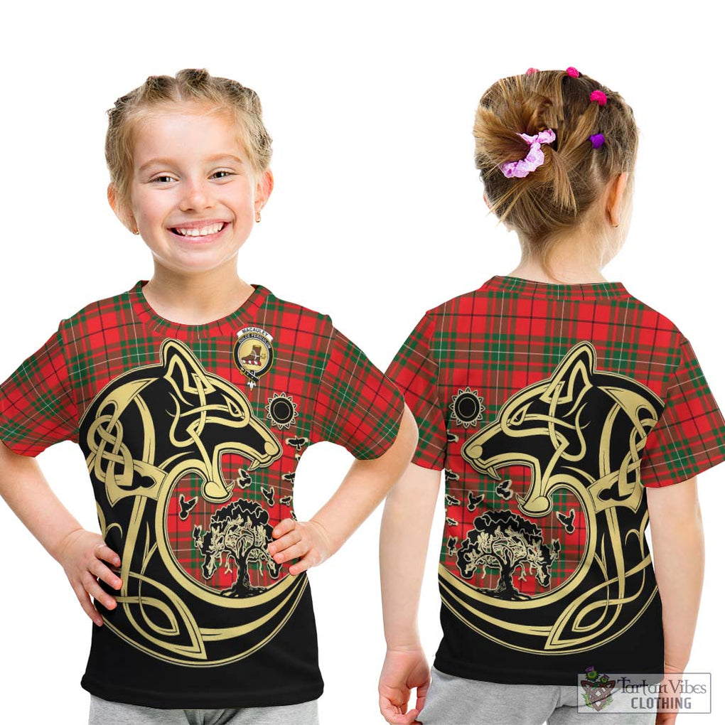 MacAuley Modern Tartan Kid T-Shirt with Family Crest Celtic Wolf Style - Tartan Vibes Clothing