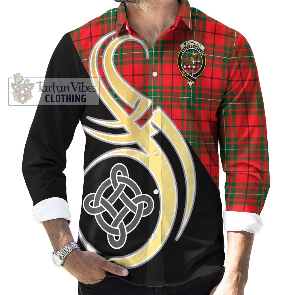 MacAuley Modern Tartan Long Sleeve Button Shirt with Family Crest and Celtic Symbol Style - Tartan Vibes Clothing