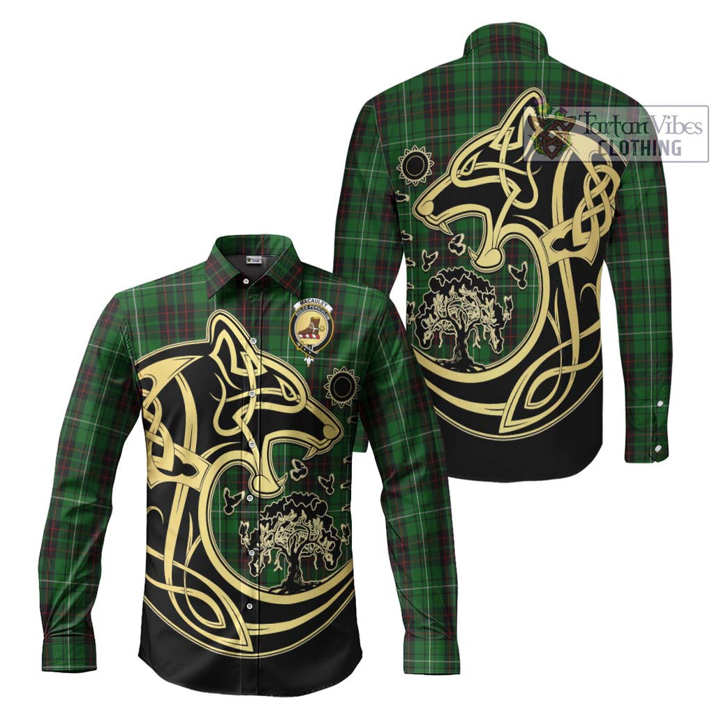 MacAuley of Lewis Tartan Long Sleeve Button Shirt with Family Crest Celtic Wolf Style Men's Shirt S - Tartan Vibes Clothing