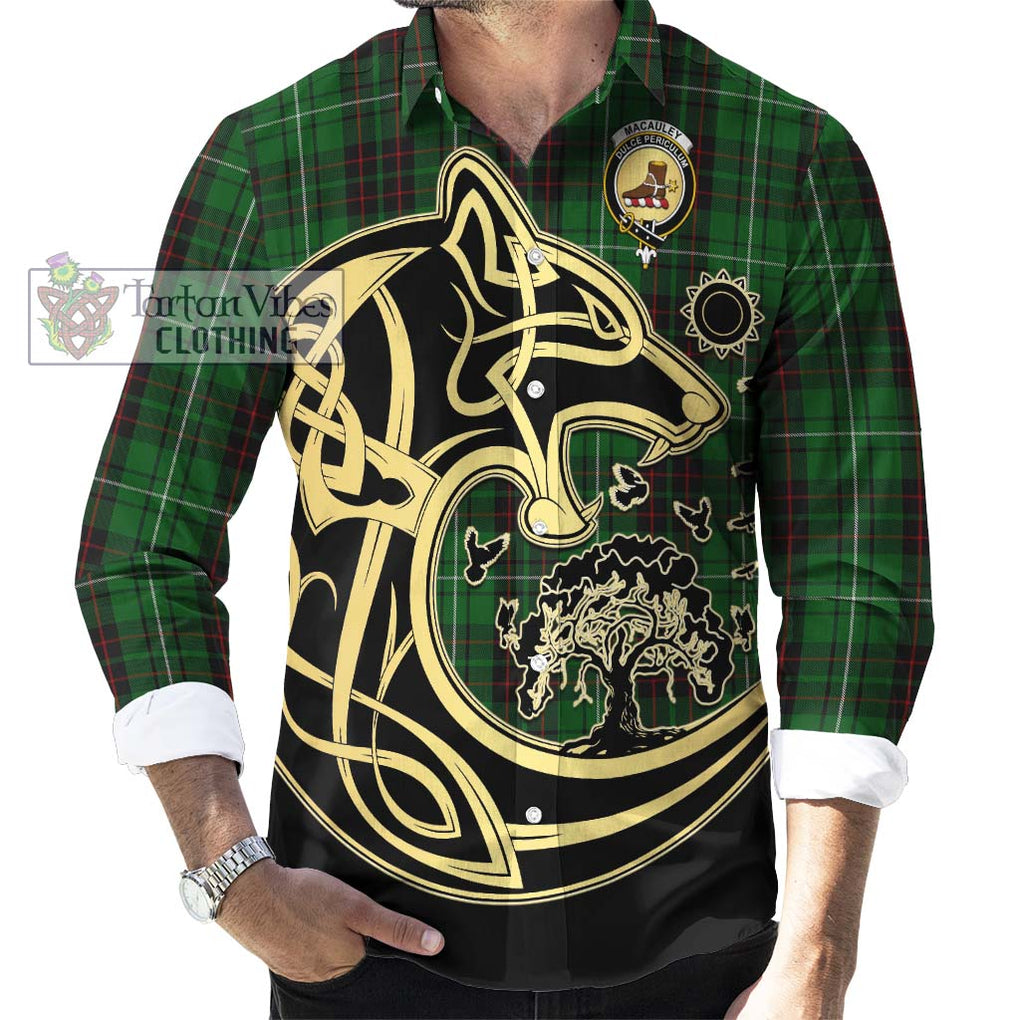 MacAuley of Lewis Tartan Long Sleeve Button Shirt with Family Crest Celtic Wolf Style - Tartan Vibes Clothing