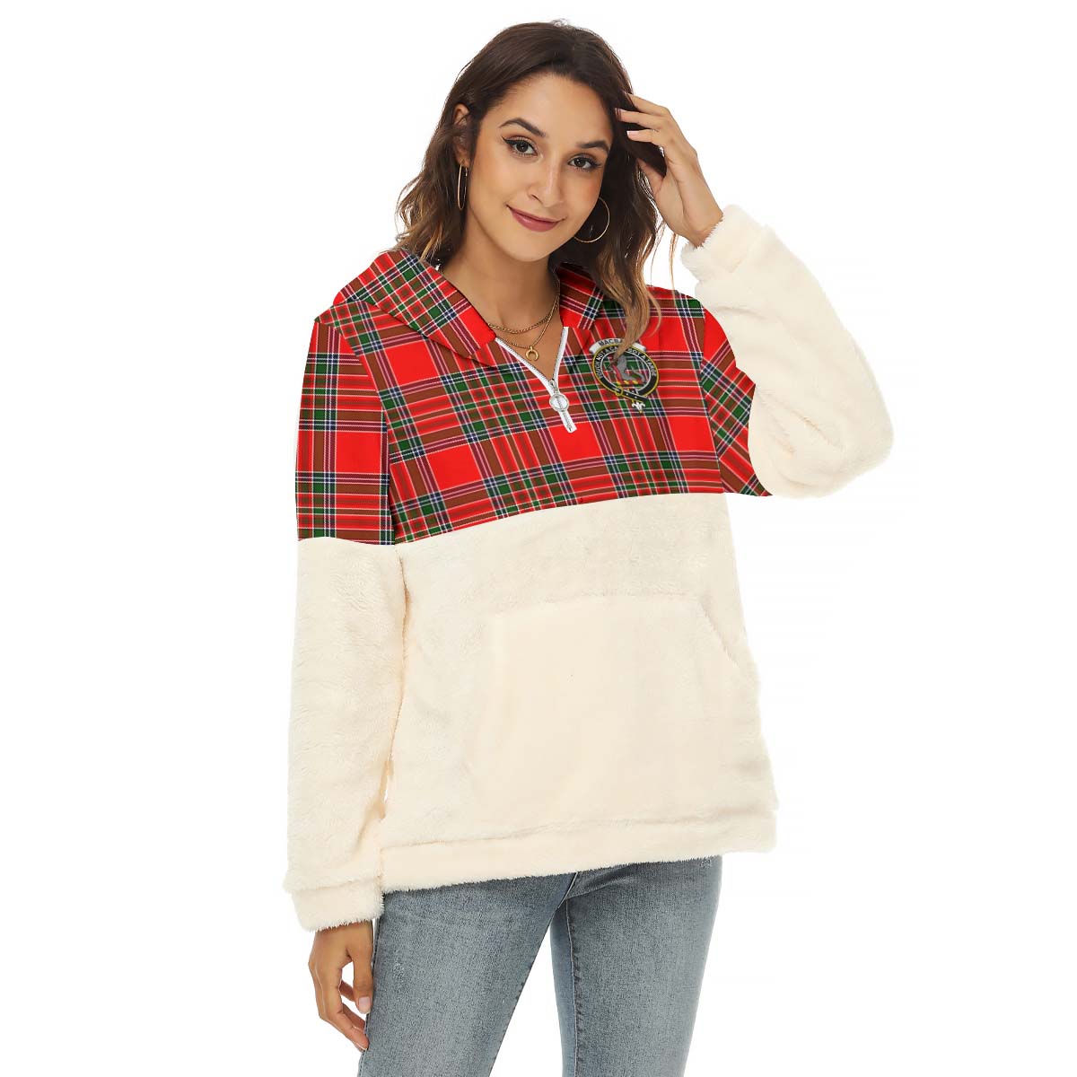 MacBain Tartan Women's Borg Fleece Hoodie With Half Zip with Family Crest Female - Tartan Vibes Clothing