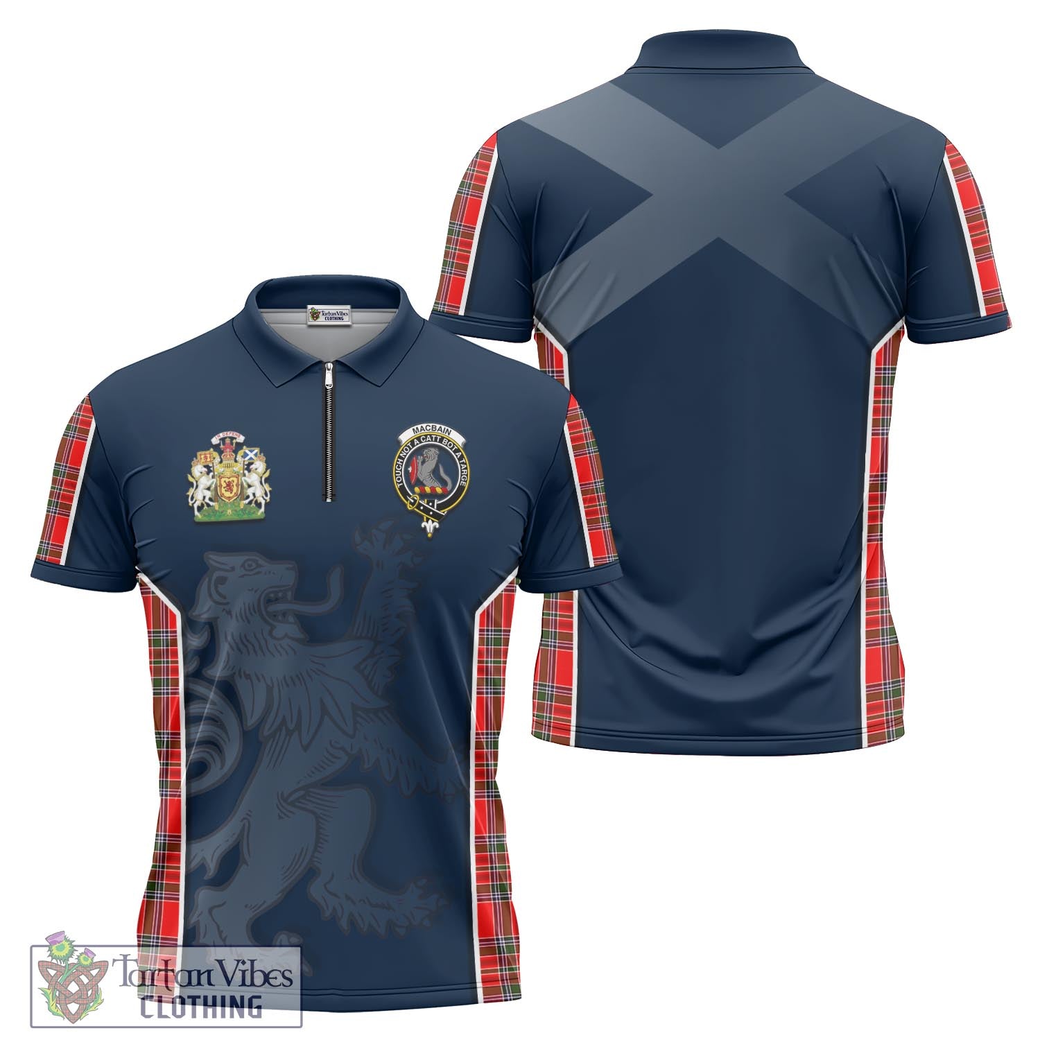 Tartan Vibes Clothing MacBain Tartan Zipper Polo Shirt with Family Crest and Lion Rampant Vibes Sport Style