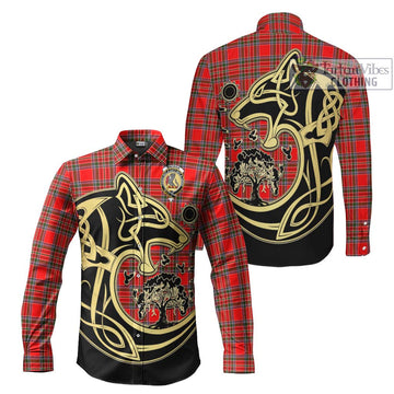 MacBain Tartan Long Sleeve Button Shirt with Family Crest Celtic Wolf Style