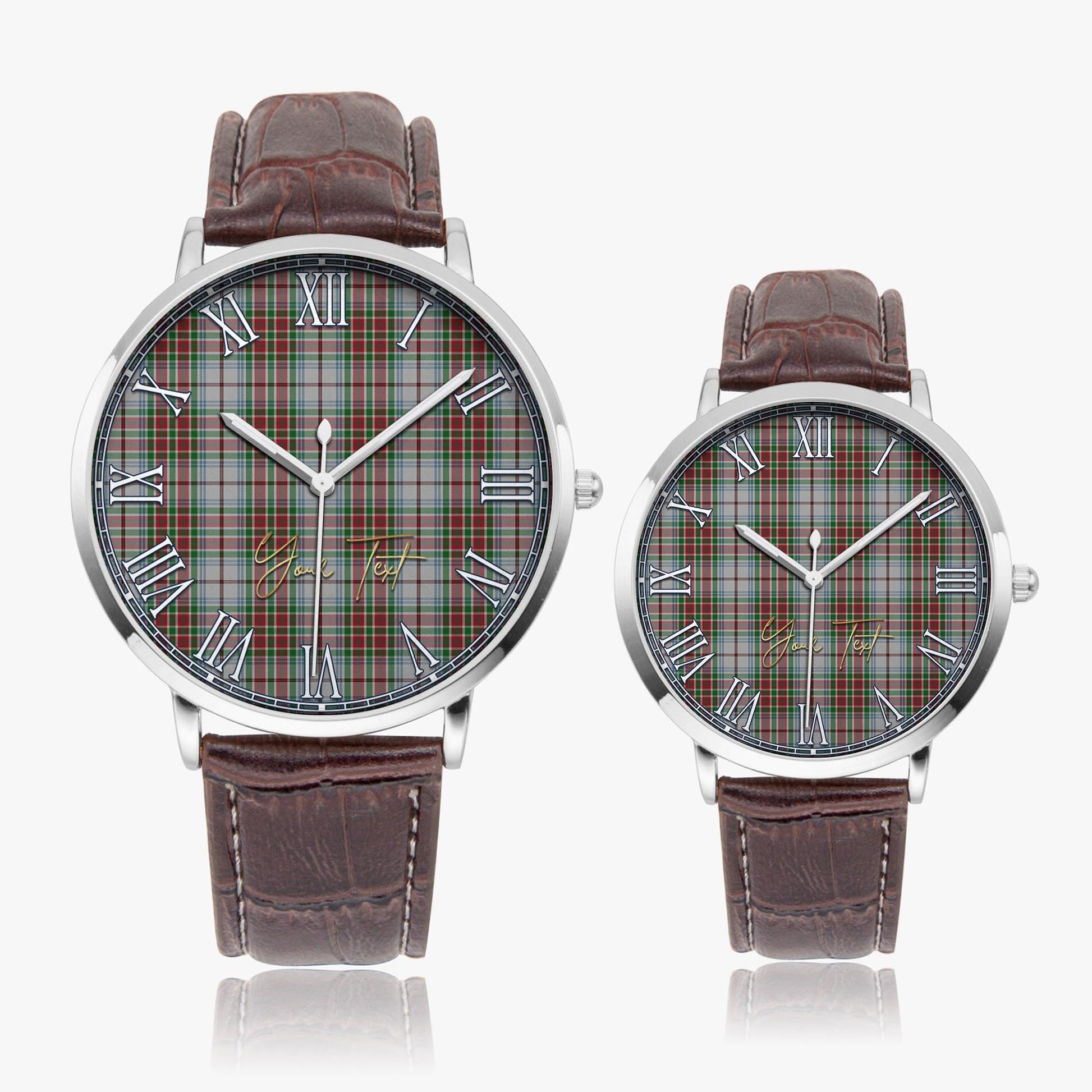 MacBain Dress Tartan Personalized Your Text Leather Trap Quartz Watch Ultra Thin Silver Case With Brown Leather Strap - Tartanvibesclothing