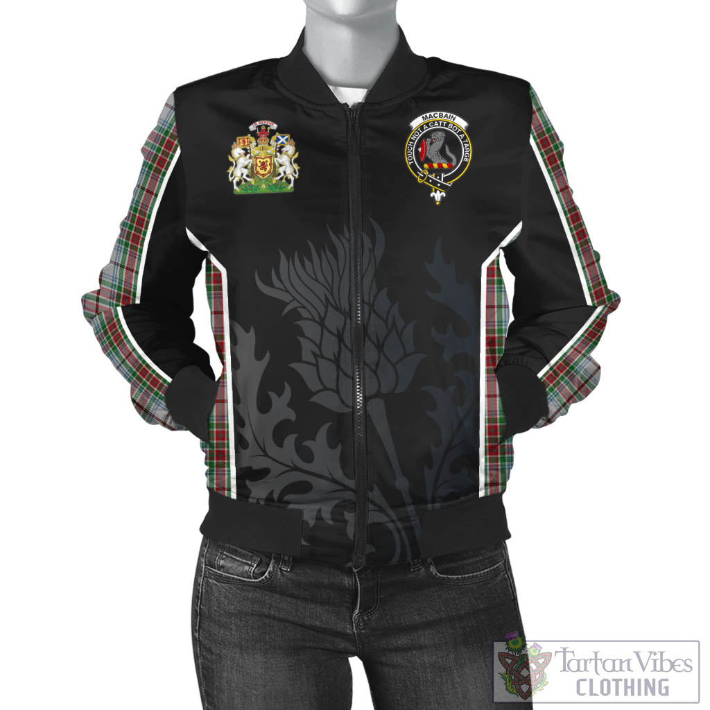 Tartan Vibes Clothing MacBain Dress Tartan Bomber Jacket with Family Crest and Scottish Thistle Vibes Sport Style