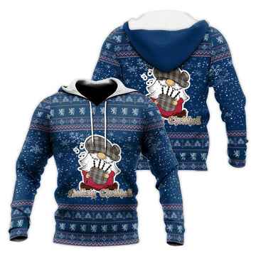 MacBain Dress Clan Christmas Knitted Hoodie with Funny Gnome Playing Bagpipes