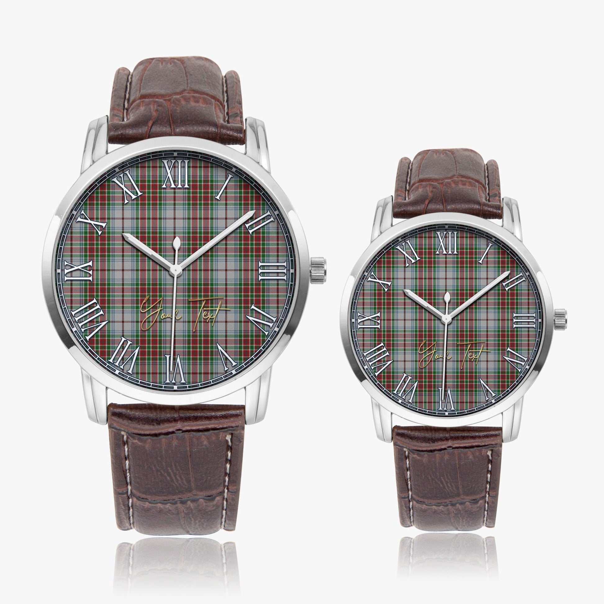 MacBain Dress Tartan Personalized Your Text Leather Trap Quartz Watch Wide Type Silver Case With Brown Leather Strap - Tartanvibesclothing
