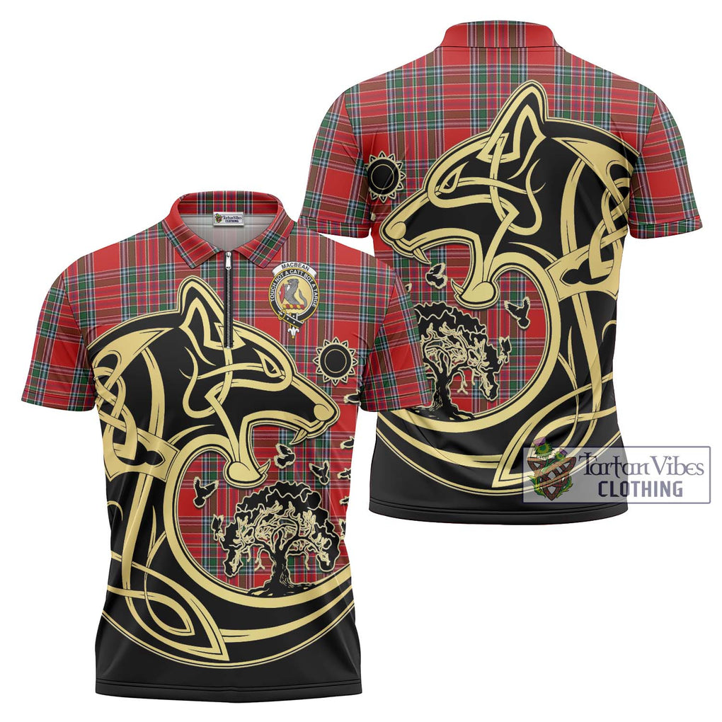 MacBean (MacBain) Tartan Zipper Polo Shirt with Family Crest Celtic Wolf Style Unisex - Tartan Vibes Clothing