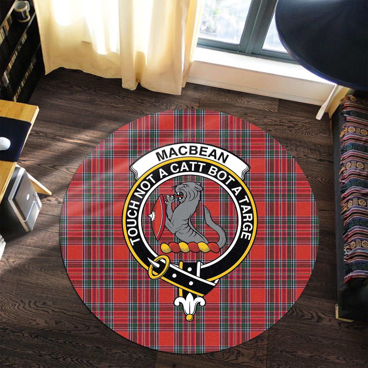 macbean-tartan-round-rug-with-family-crest