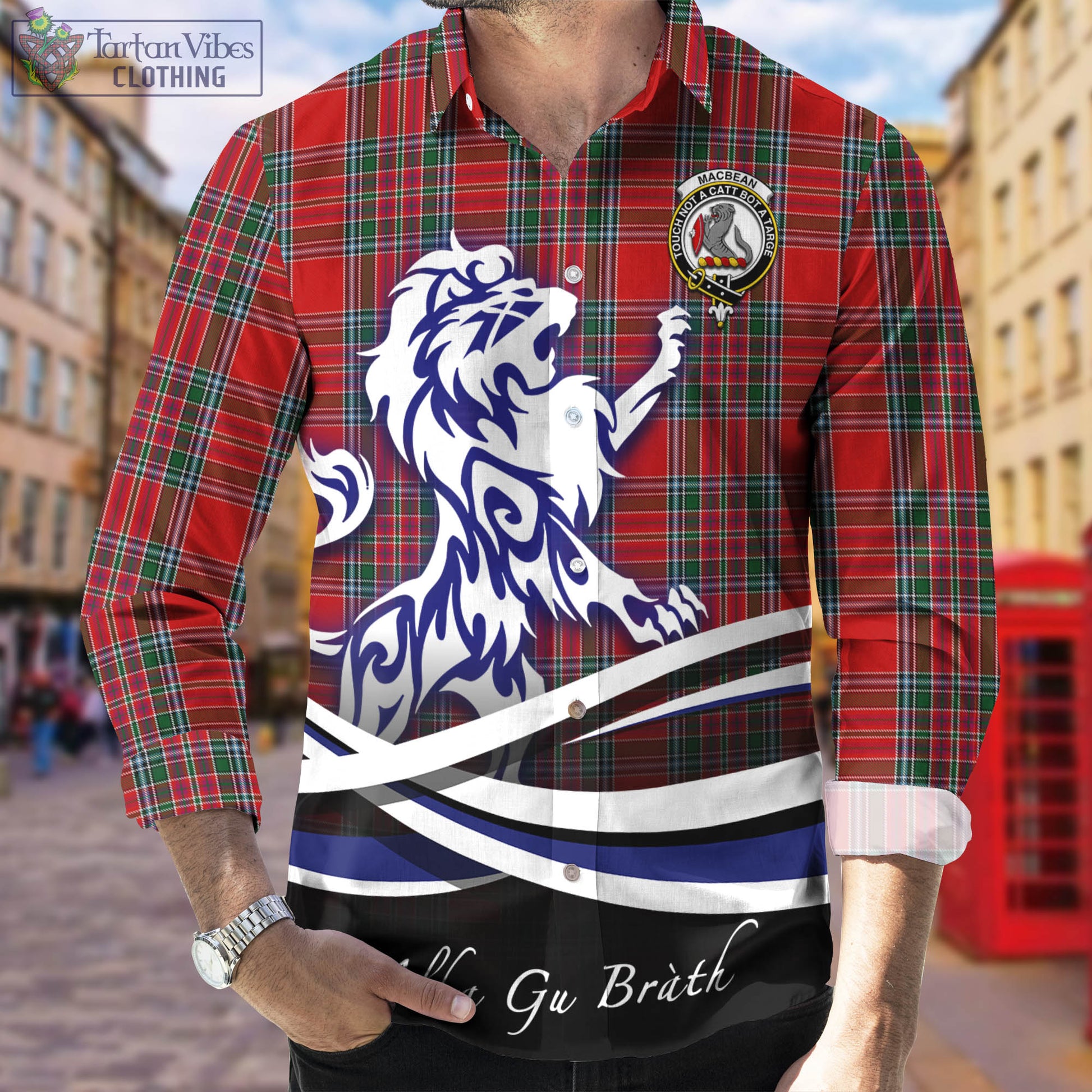 MacBean (MacBain) Tartan Long Sleeve Button Up Shirt with Alba Gu Brath Regal Lion Emblem Men's Shirt - Tartan Vibes Clothing