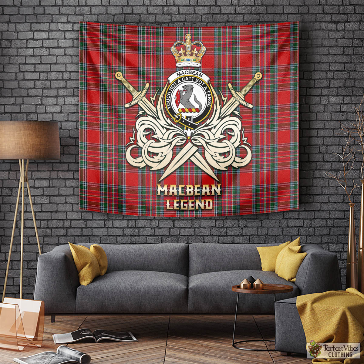 MacBean (MacBain) Tartan Tapestry with Clan Crest and the Golden Sword of Courageous Legacy Tapestry - Tartan Vibes Clothing
