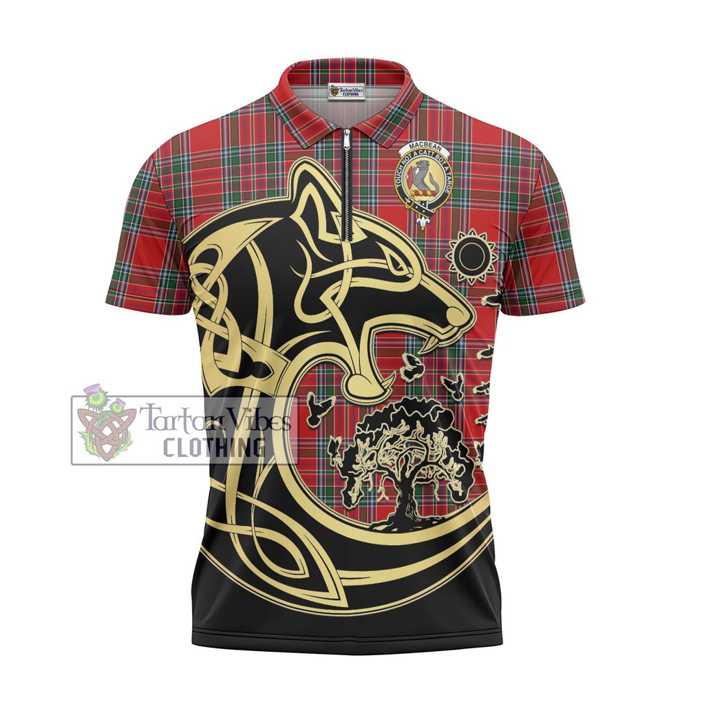 MacBean (MacBain) Tartan Zipper Polo Shirt with Family Crest Celtic Wolf Style - Tartan Vibes Clothing