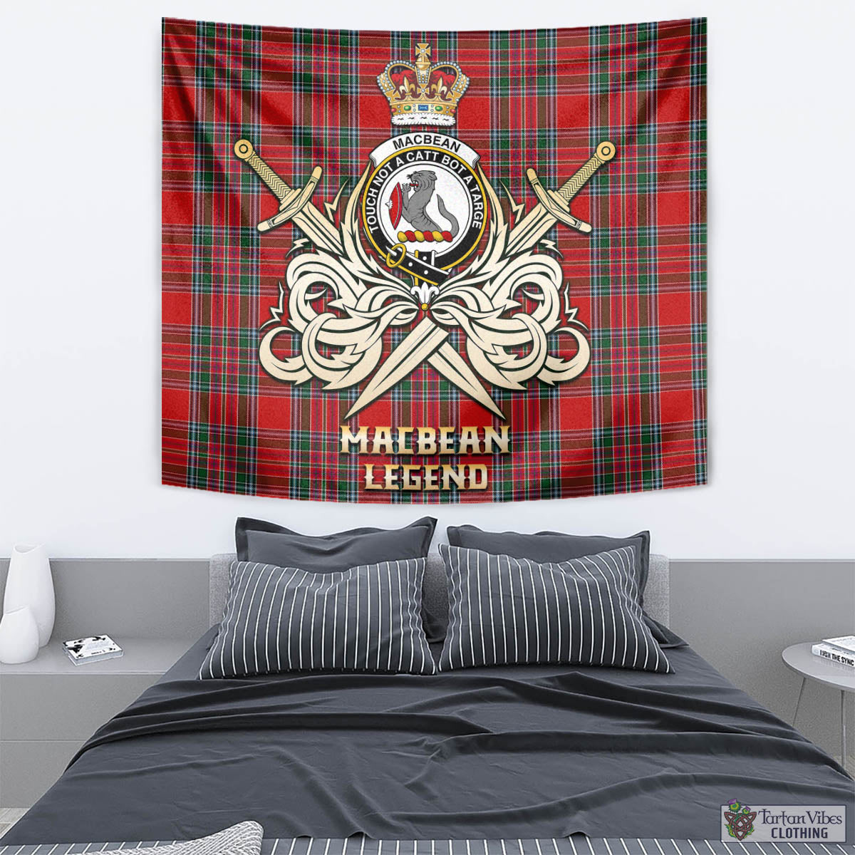 MacBean (MacBain) Tartan Tapestry with Clan Crest and the Golden Sword of Courageous Legacy - Tartan Vibes Clothing