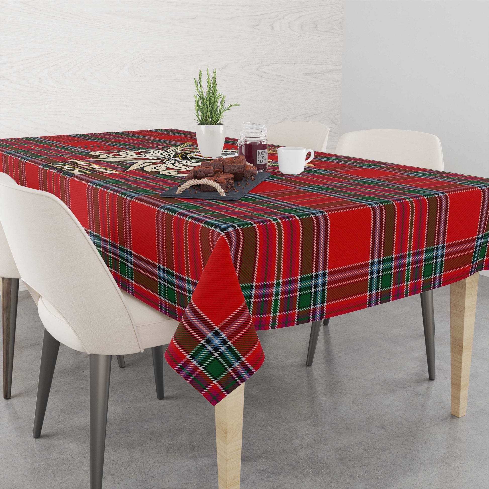 Tartan Vibes Clothing MacBean Tartan Tablecloth with Clan Crest and the Golden Sword of Courageous Legacy