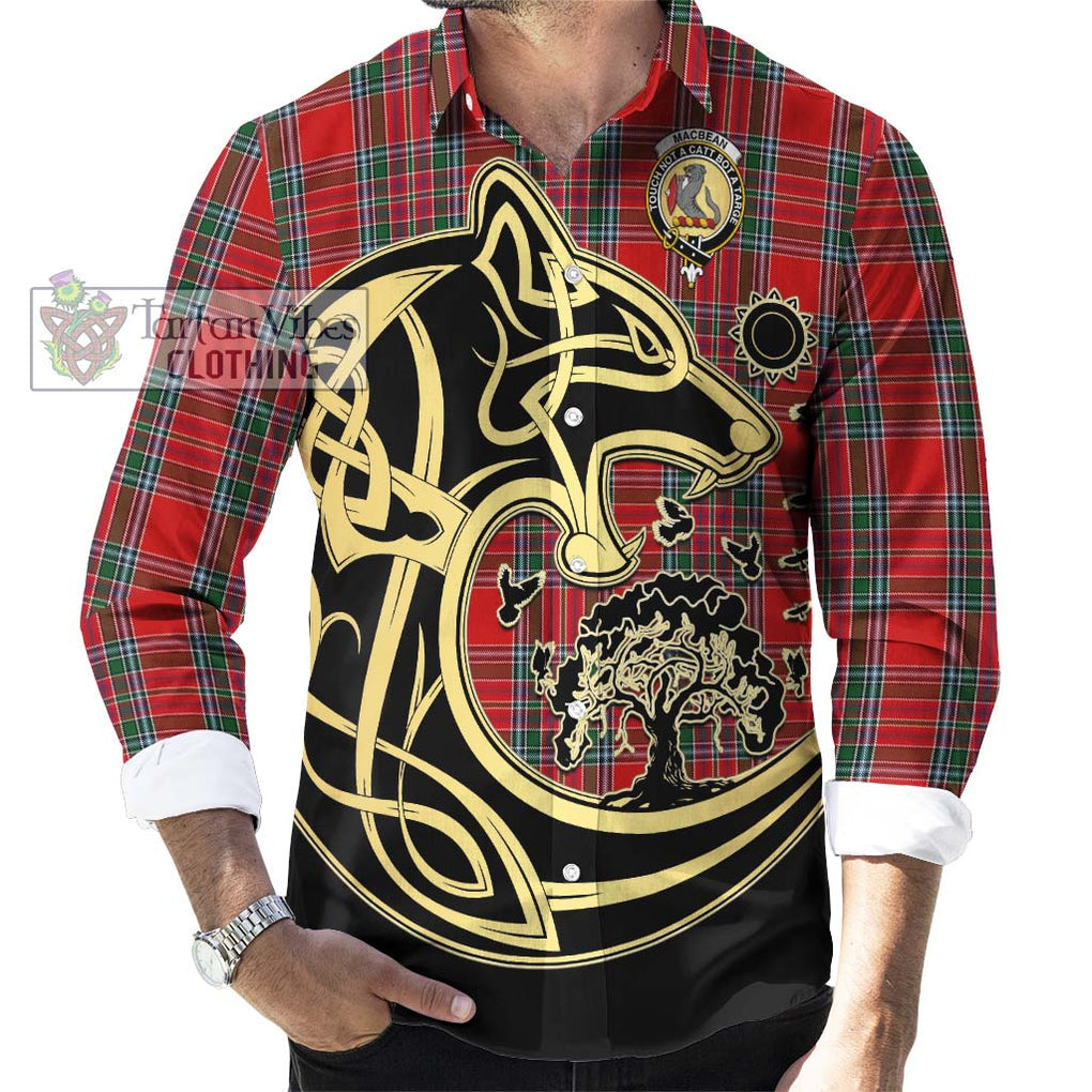 MacBean (MacBain) Tartan Long Sleeve Button Shirt with Family Crest Celtic Wolf Style - Tartan Vibes Clothing