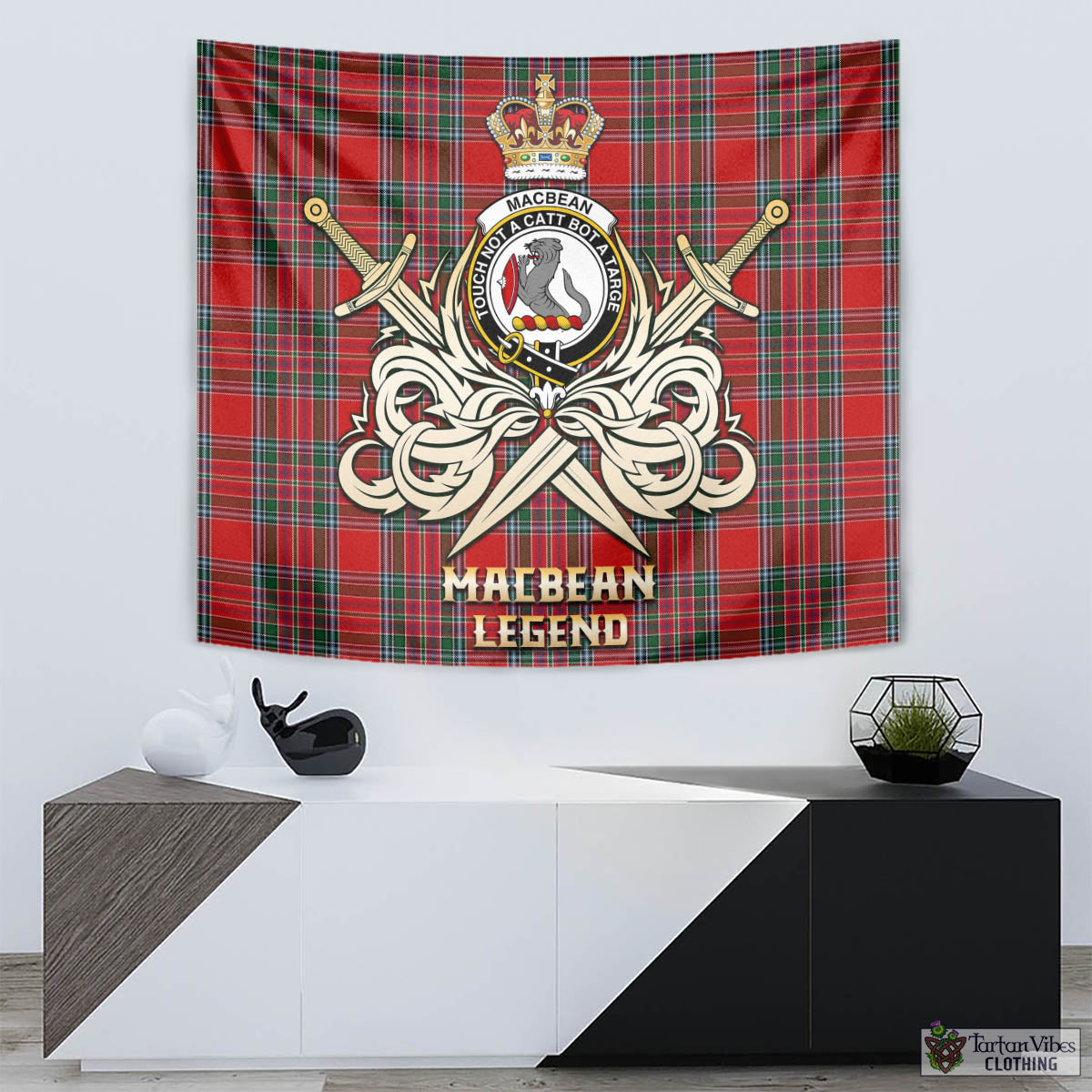 MacBean (MacBain) Tartan Tapestry with Clan Crest and the Golden Sword of Courageous Legacy - Tartan Vibes Clothing