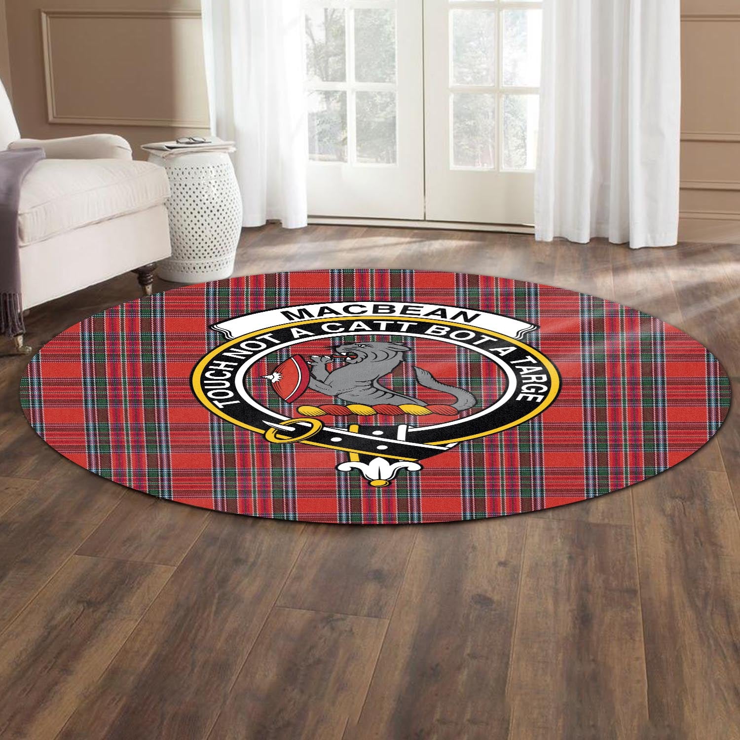 macbean-tartan-round-rug-with-family-crest