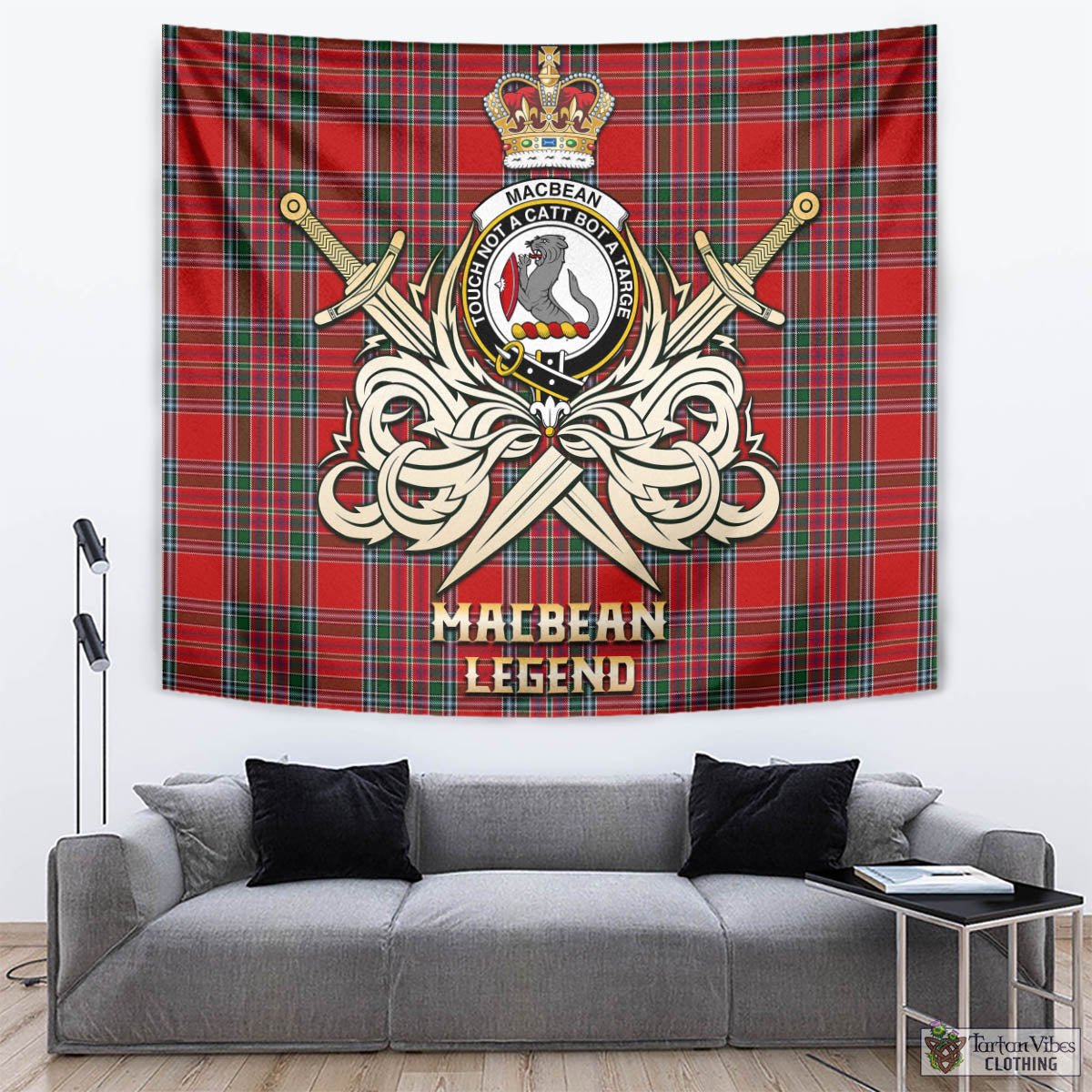 MacBean (MacBain) Tartan Tapestry with Clan Crest and the Golden Sword of Courageous Legacy - Tartan Vibes Clothing