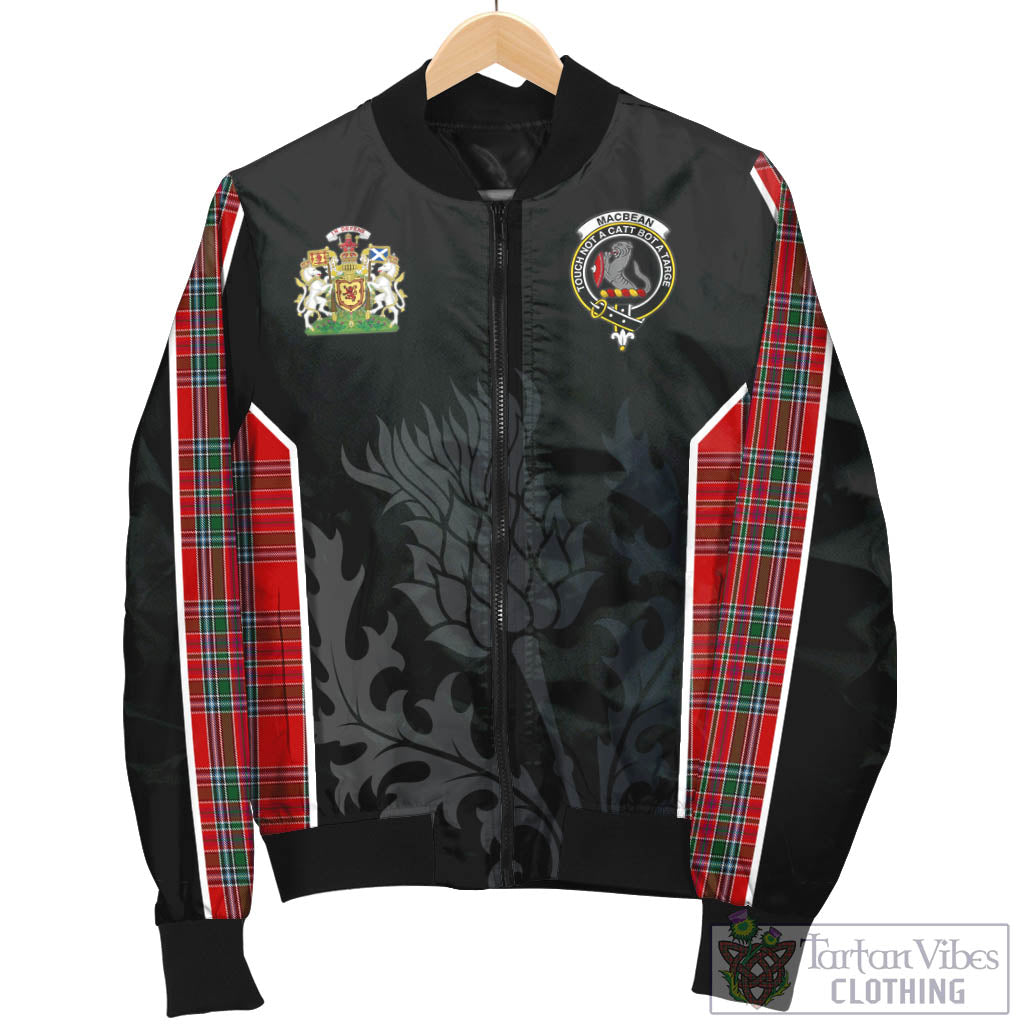 Tartan Vibes Clothing MacBean Tartan Bomber Jacket with Family Crest and Scottish Thistle Vibes Sport Style