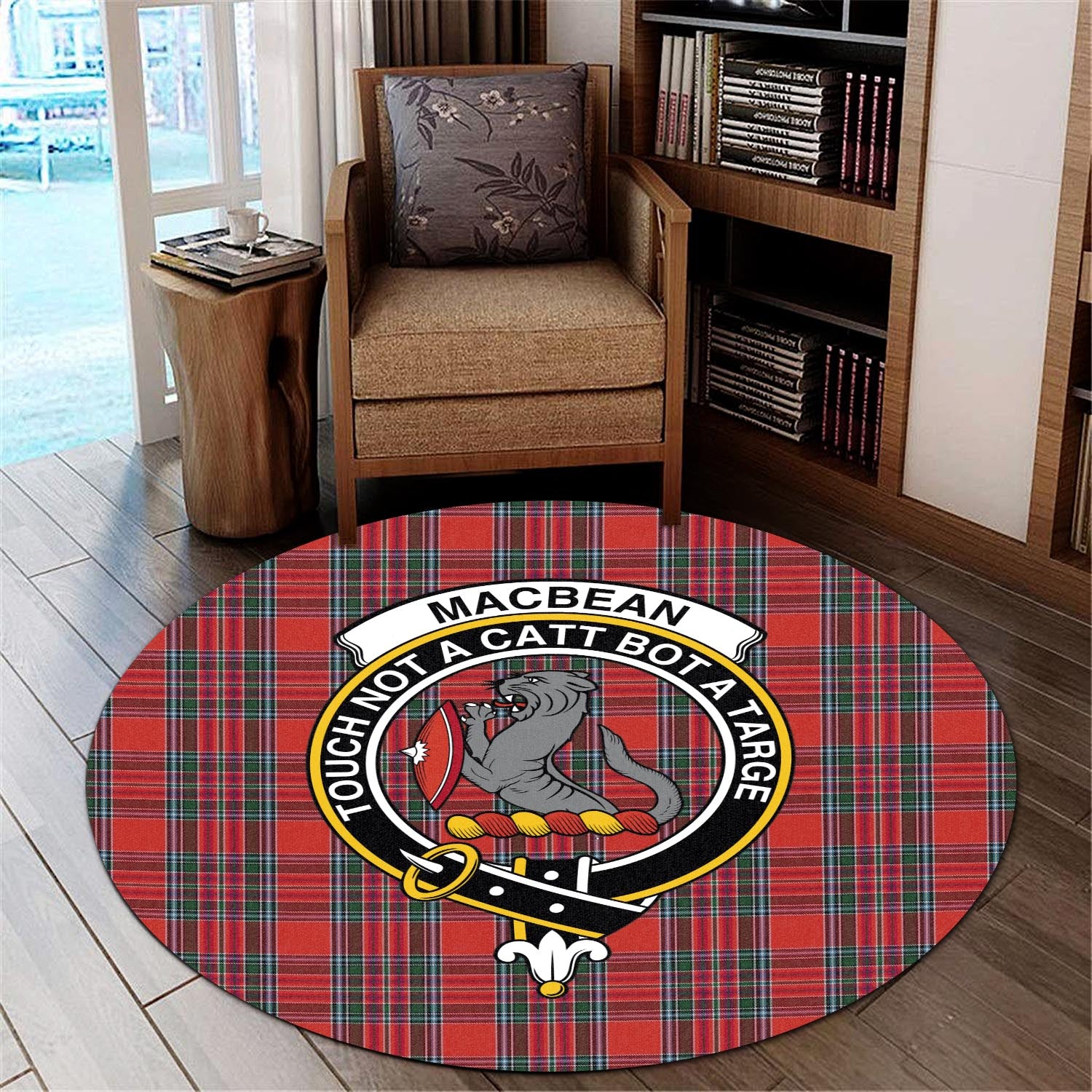 macbean-tartan-round-rug-with-family-crest