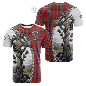 Tartan Vibes Clothing MacBean (MacBain) Tartan Cotton T-shirt with Family Crest and St. Andrew's Cross Accented by Thistle Vines