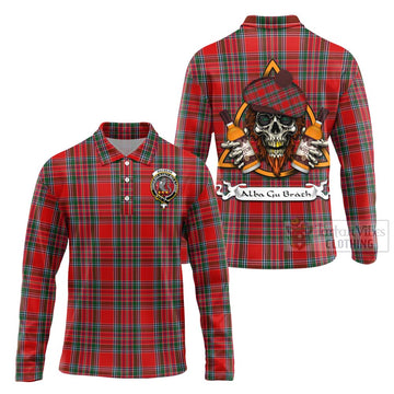 MacBean (MacBain) Tartan Long Sleeve Polo Shirt with Family Crest and Bearded Skull Holding Bottles of Whiskey Unisex - Tartan Vibes Clothing