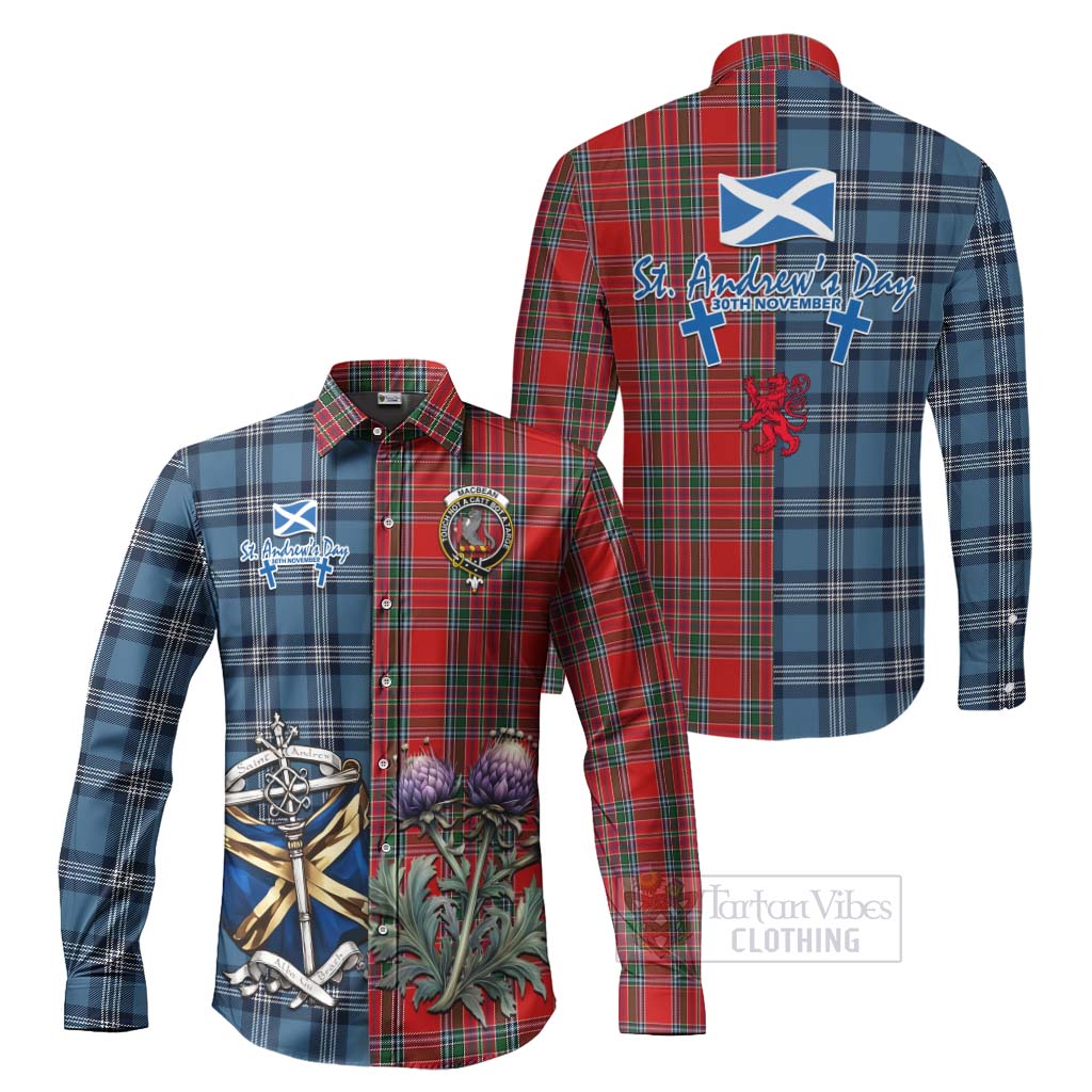 MacBean (MacBain) Tartan Long Sleeve Button Shirt Happy St. Andrew's Day Half Tartan Style Men's Shirt S - Tartan Vibes Clothing