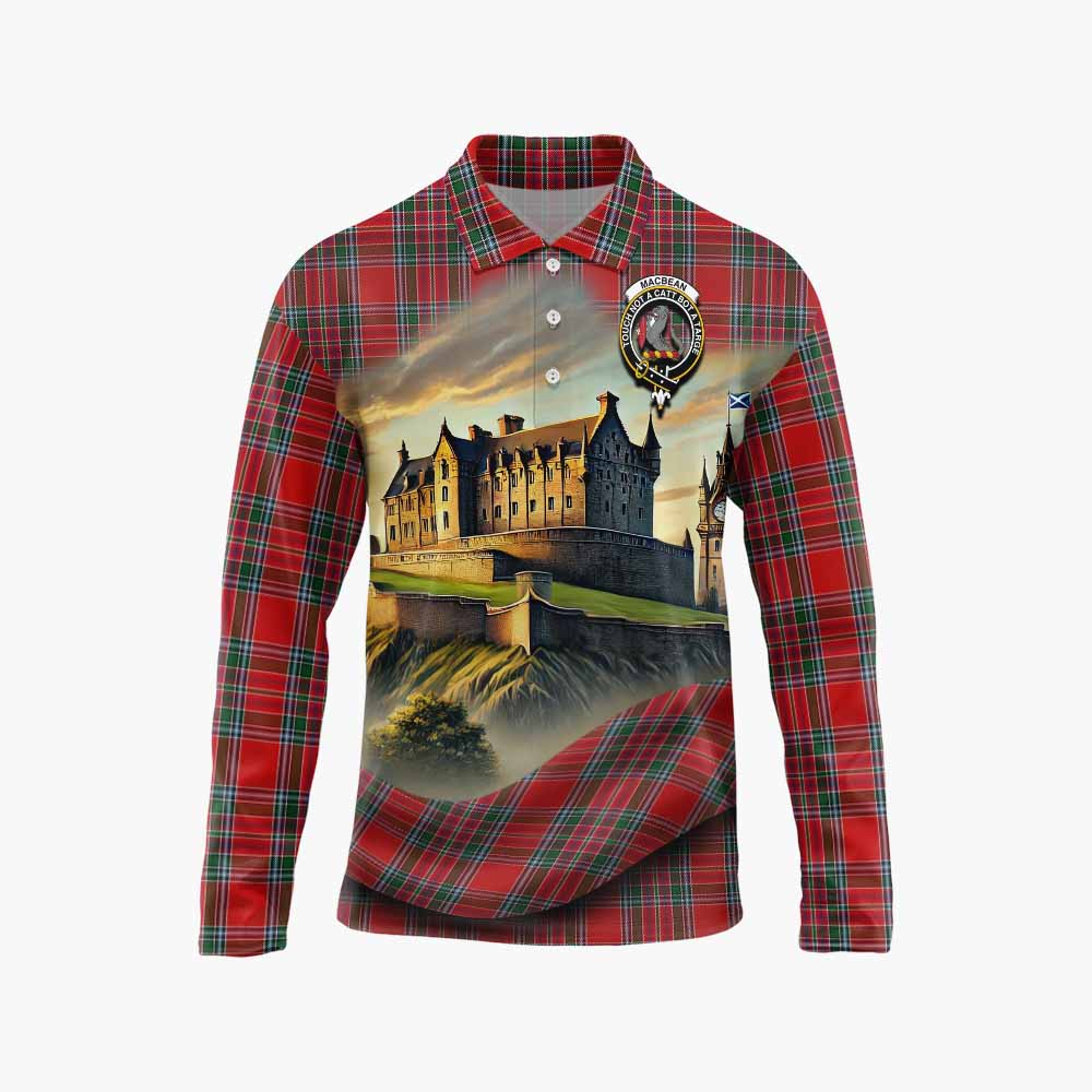 MacBean (MacBain) Tartan Family Crest Long Sleeve Polo Shirt with Scottish Ancient Castle Style Unisex - Tartan Vibes Clothing