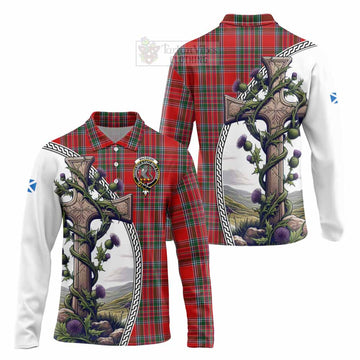 MacBean (MacBain) Tartan Long Sleeve Polo Shirt with Family Crest and St. Andrew's Cross Accented by Thistle Vines Unisex - Tartan Vibes Clothing