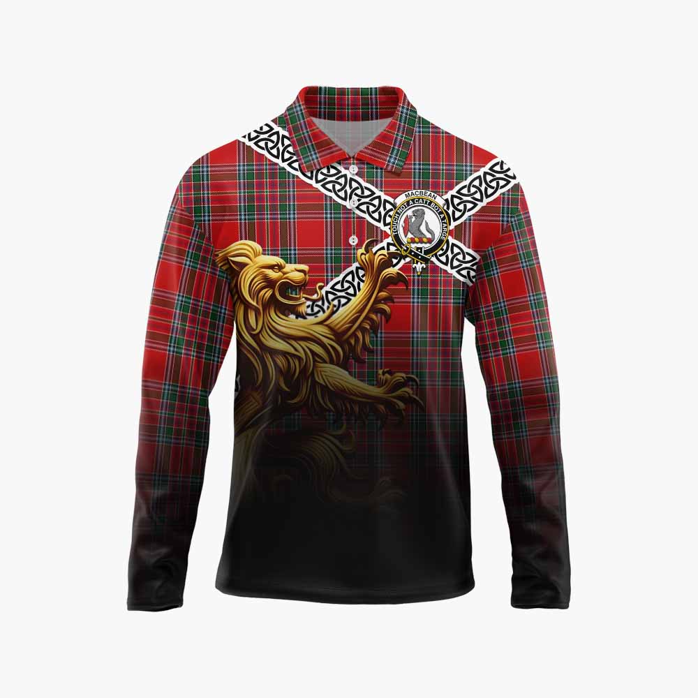 MacBean (MacBain) Crest Tartan Long Sleeve Polo Shirt with Golden Lion Emblem Celtic Style Unisex - Tartan Vibes Clothing