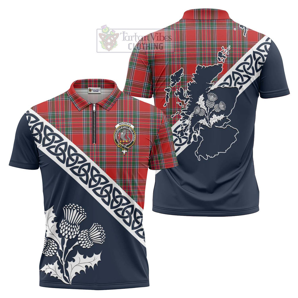 MacBean (MacBain) Tartan Zipper Polo Shirt Featuring Thistle and Scotland Map Unisex - Tartanvibesclothing Store