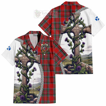 MacBean (MacBain) Tartan Hawaiian Shirt with Family Crest and St. Andrew's Cross Accented by Thistle Vines Kid - Tartan Vibes Clothing