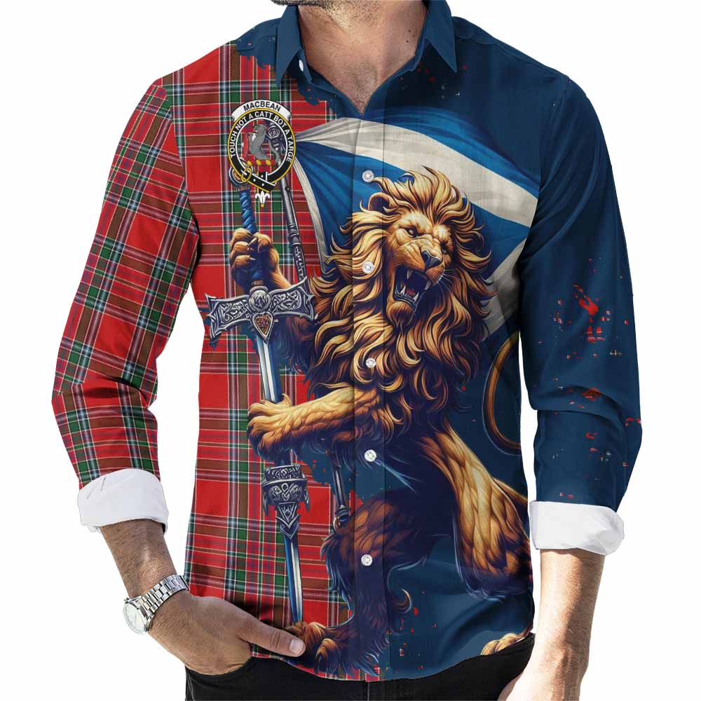MacBean (MacBain) Tartan Family Crest Long Sleeve Button Shirt with Scottish Majestic Lion Men's Shirt S - Tartan Vibes Clothing