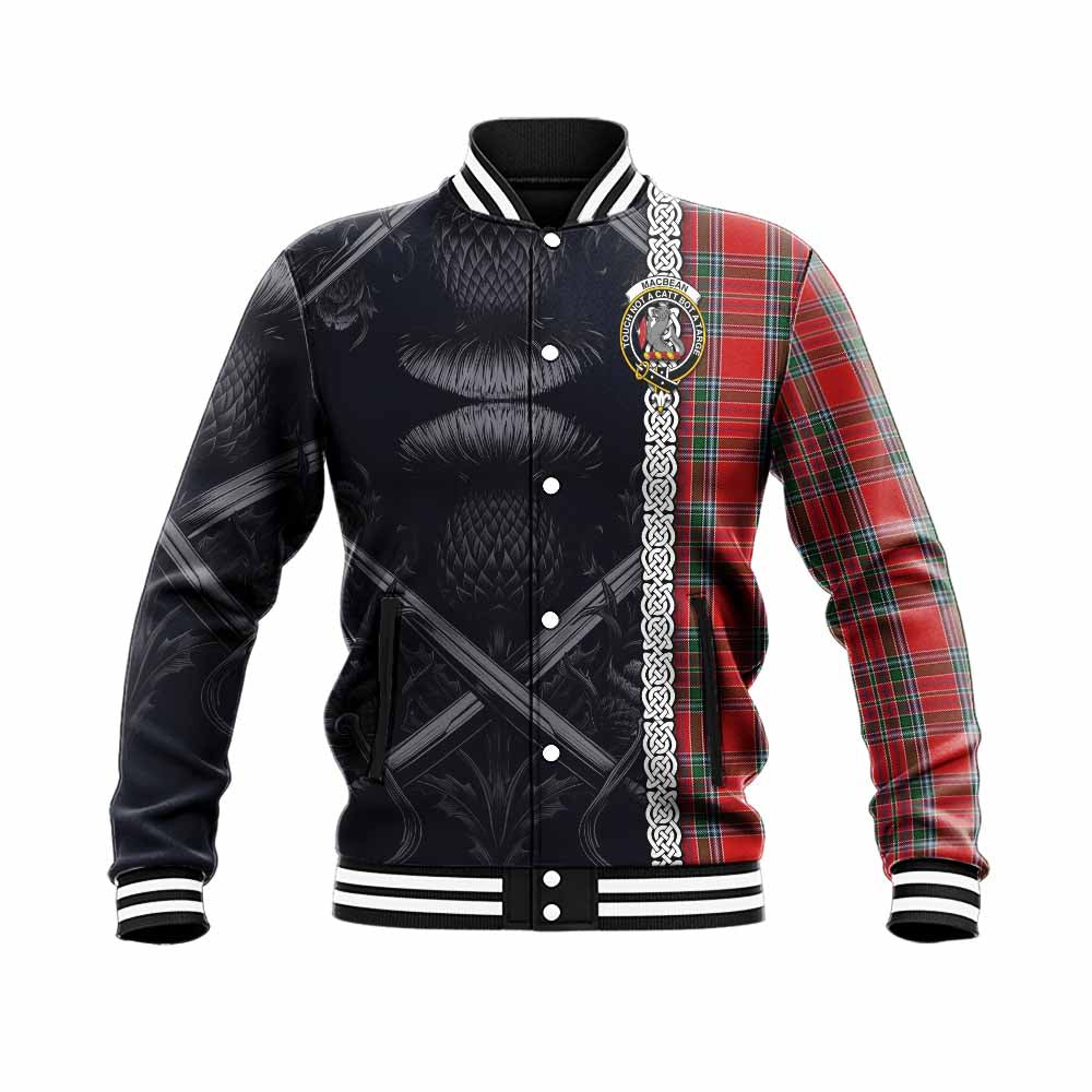 MacBean (MacBain) Tartan Baseball Jacket with Family Crest Cross Sword Thistle Celtic Vibes Unisex - Tartan Vibes Clothing