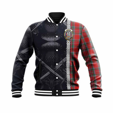 MacBean (MacBain) Tartan Baseball Jacket with Family Crest Cross Sword Thistle Celtic Vibes Unisex - Tartan Vibes Clothing