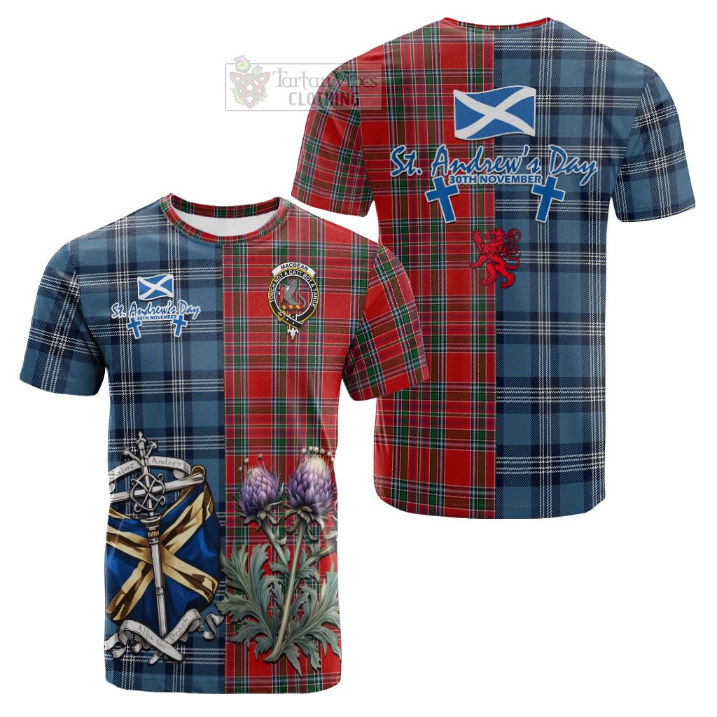 Tartan Vibes Clothing MacBean (MacBain) Tartan Cotton T-shirt Happy St. Andrew's Day Half Tartan Style