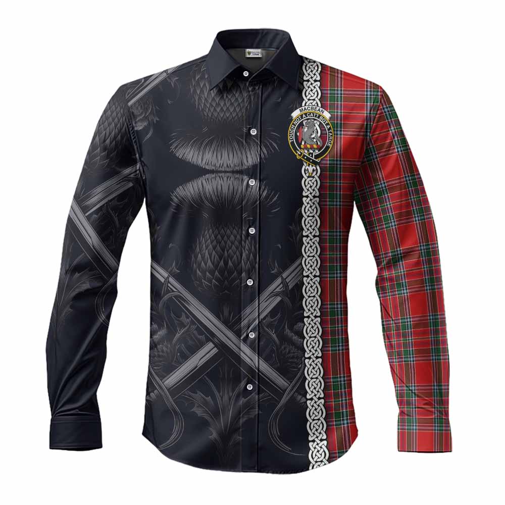 Tartan Vibes Clothing MacBean (MacBain) Tartan Long Sleeve Button Shirt with Family Crest Cross Sword Thistle Celtic Vibes