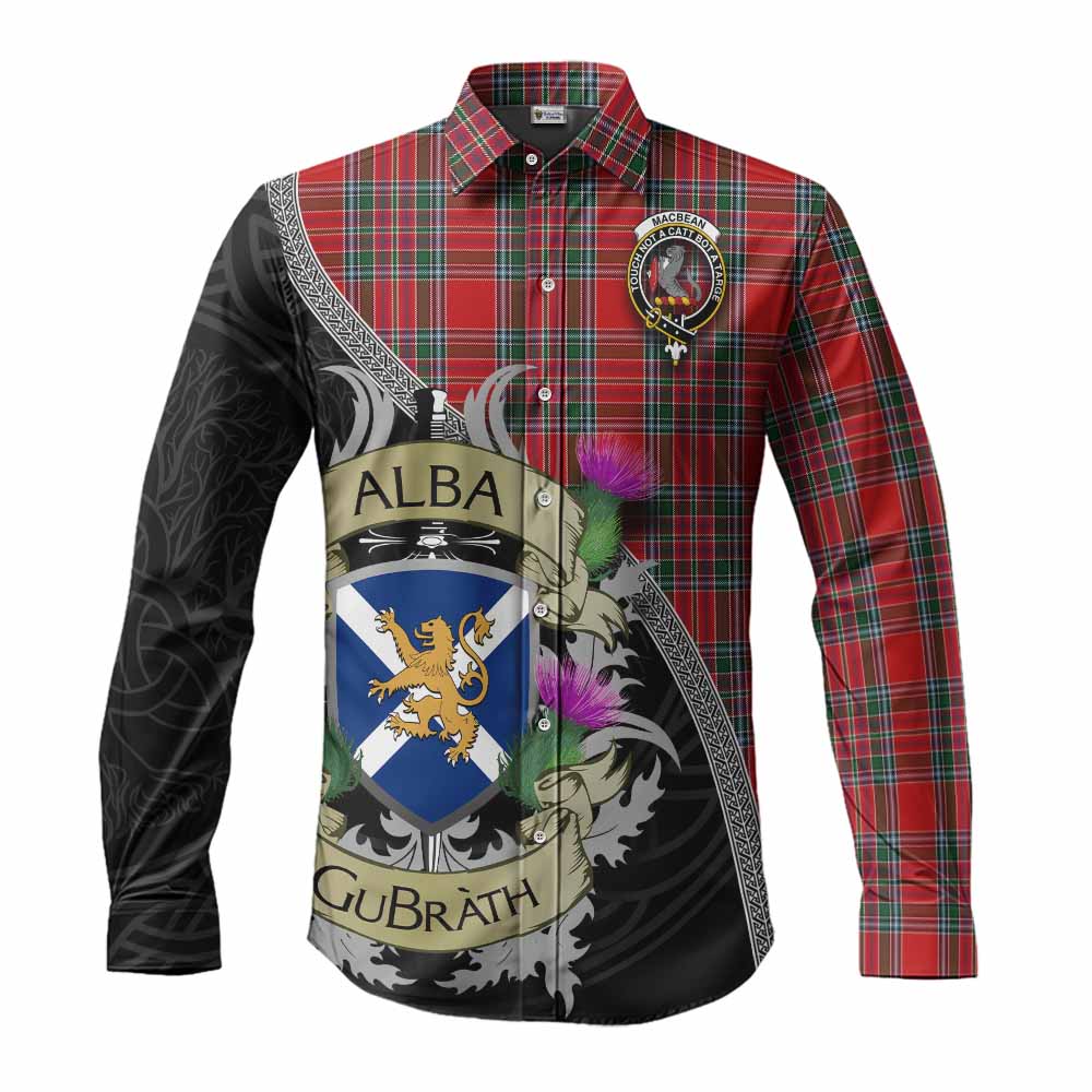 MacBean (MacBain) Tartan Family Crest Long Sleeve Button Shirt Lion Rampant Royal Thistle Shield Celtic Inspired Men's Shirt S - Tartan Vibes Clothing