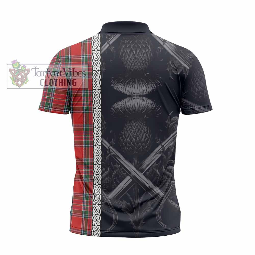 MacBean (MacBain) Tartan Zipper Polo Shirt with Family Crest Cross Sword Thistle Celtic Vibes - Tartan Vibes Clothing