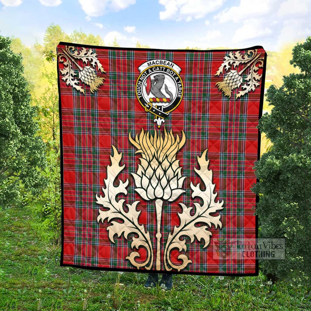 Tartan Vibes Clothing MacBean (MacBain) Tartan Quilt with Family Crest and Golden Thistle Style