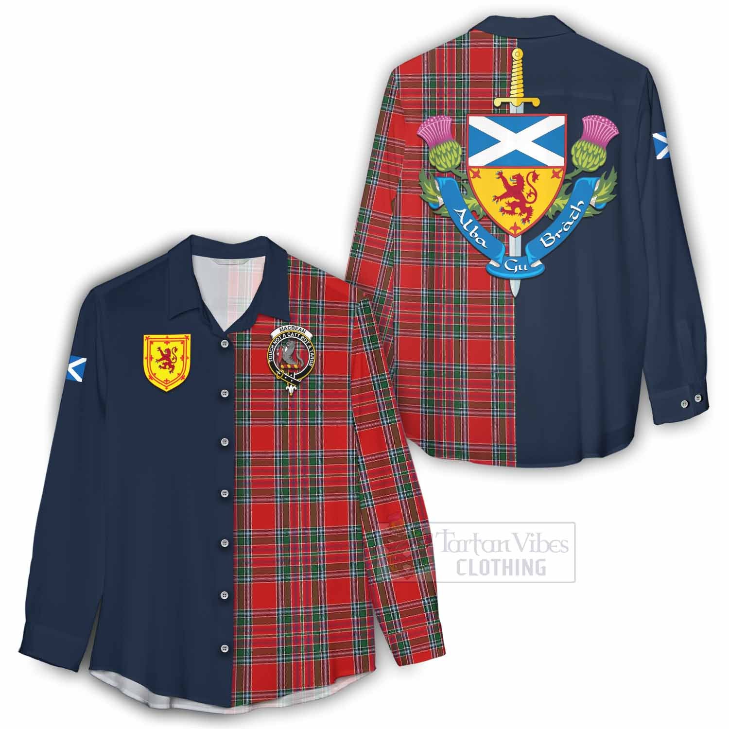 MacBean (MacBain) Tartan Women's Casual Shirt Alba with Scottish Lion Royal Arm Half Style - Tartan Vibes Clothing