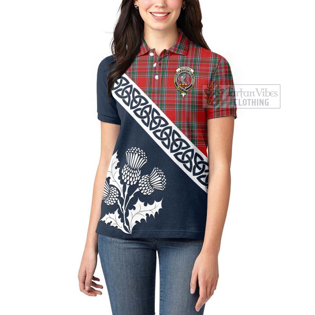 MacBean (MacBain) Tartan Women's Polo Shirt Featuring Thistle and Scotland Map - Tartanvibesclothing Store