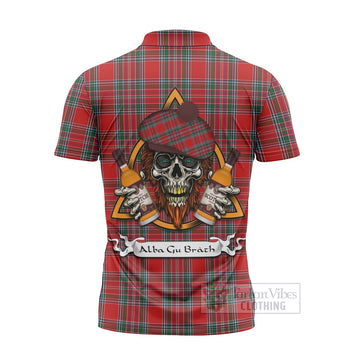 MacBean (MacBain) Tartan Zipper Polo Shirt with Family Crest and Bearded Skull Holding Bottles of Whiskey - Tartan Vibes Clothing