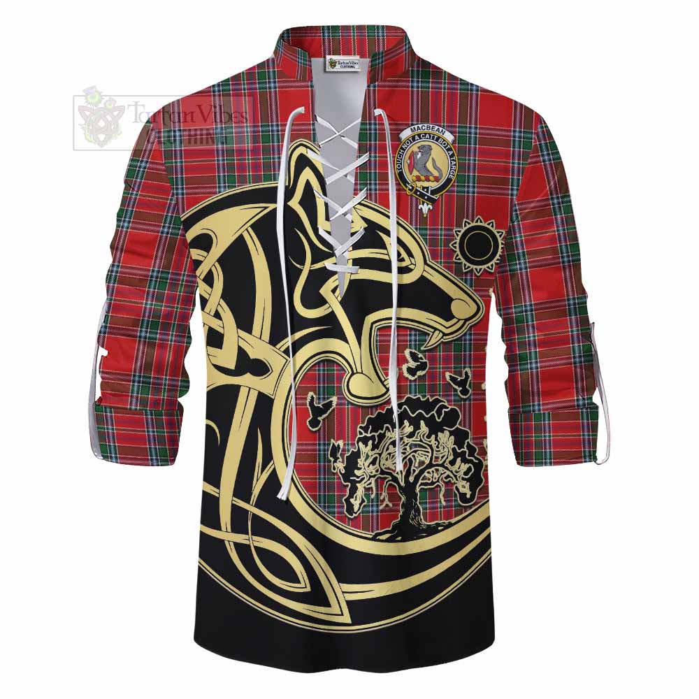 MacBean (MacBain) Tartan Ghillie Kilt Shirt with Family Crest Celtic Wolf Style - Tartan Vibes Clothing