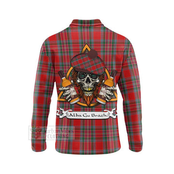 MacBean (MacBain) Tartan Long Sleeve Polo Shirt with Family Crest and Bearded Skull Holding Bottles of Whiskey - Tartan Vibes Clothing