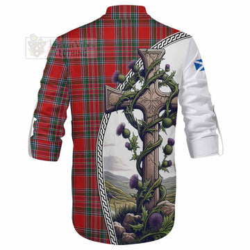 MacBean (MacBain) Tartan Ghillie Kilt Shirt with Family Crest and St. Andrew's Cross Accented by Thistle Vines - Tartan Vibes Clothing