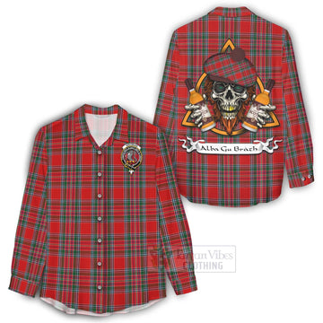 MacBean (MacBain) Tartan Women's Casual Shirt with Family Crest and Bearded Skull Holding Bottles of Whiskey - Tartan Vibes Clothing