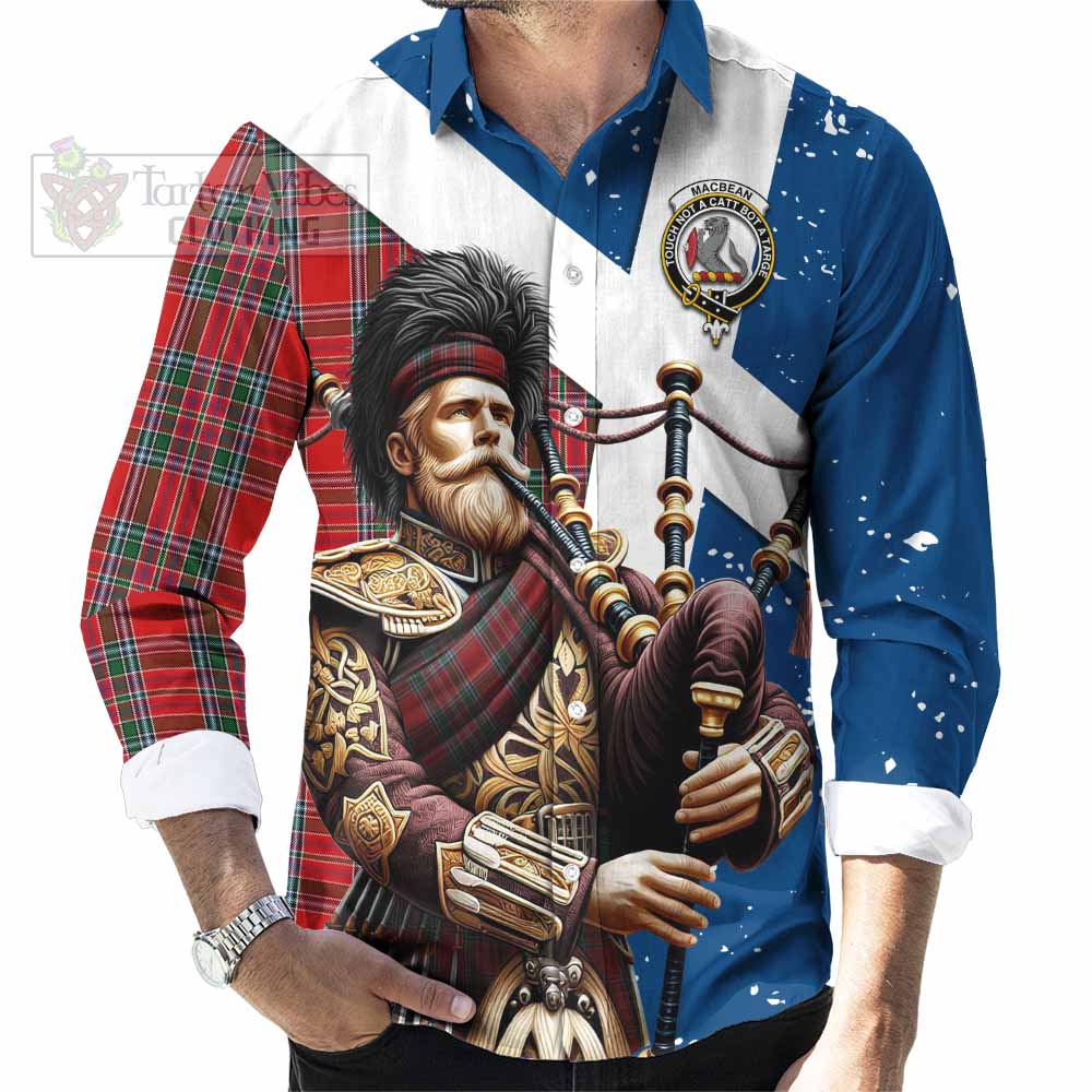 MacBean (MacBain) Tartan Long Sleeve Button Shirt with Family Crest Scottish Bagpiper Vibes - Tartan Vibes Clothing
