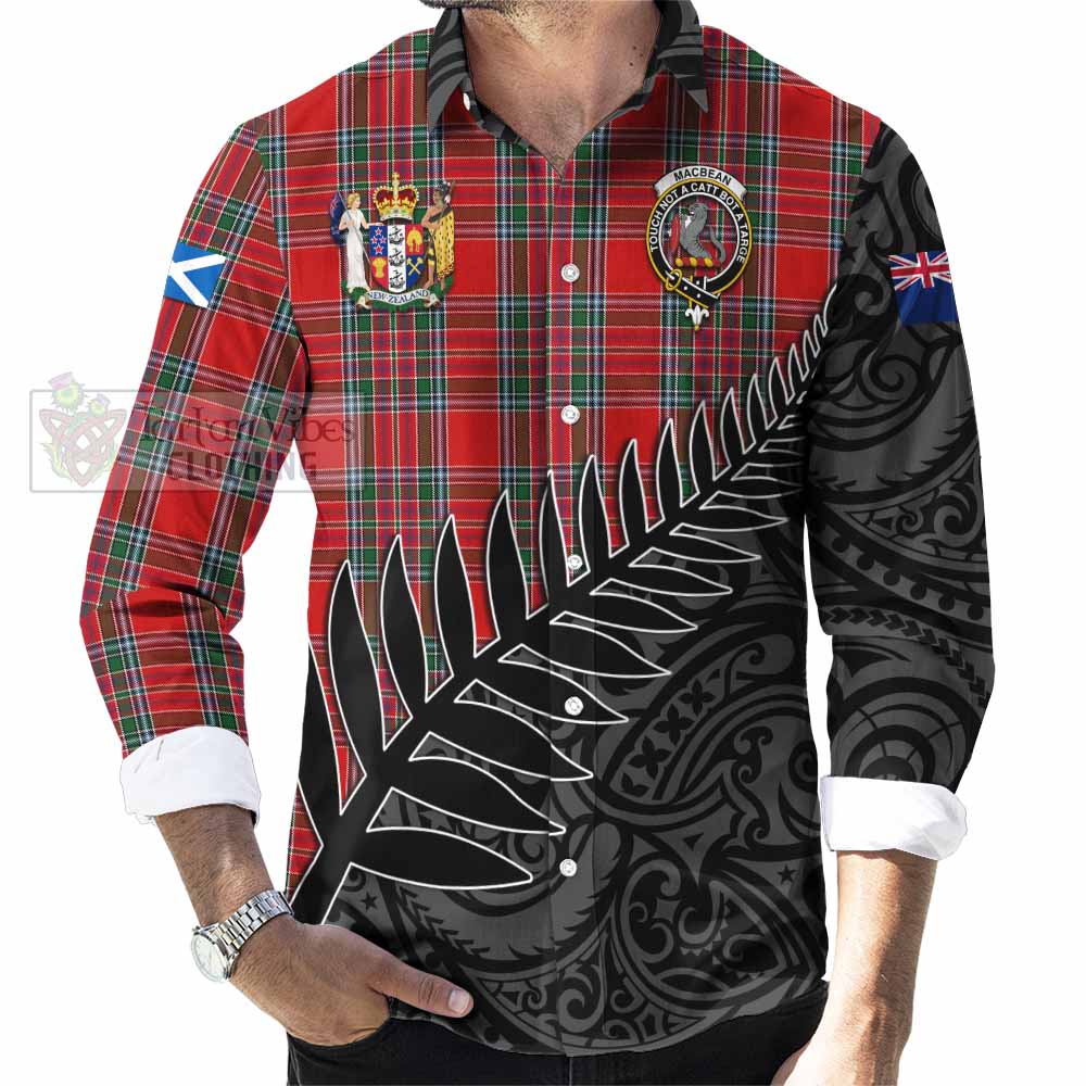 MacBean (MacBain) Crest Tartan Long Sleeve Button Shirt with New Zealand Silver Fern Half Style - Tartan Vibes Clothing